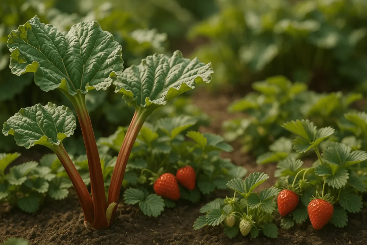 Erdbeeren und Rhabarber gemeinsam im Beet als Mischkultur