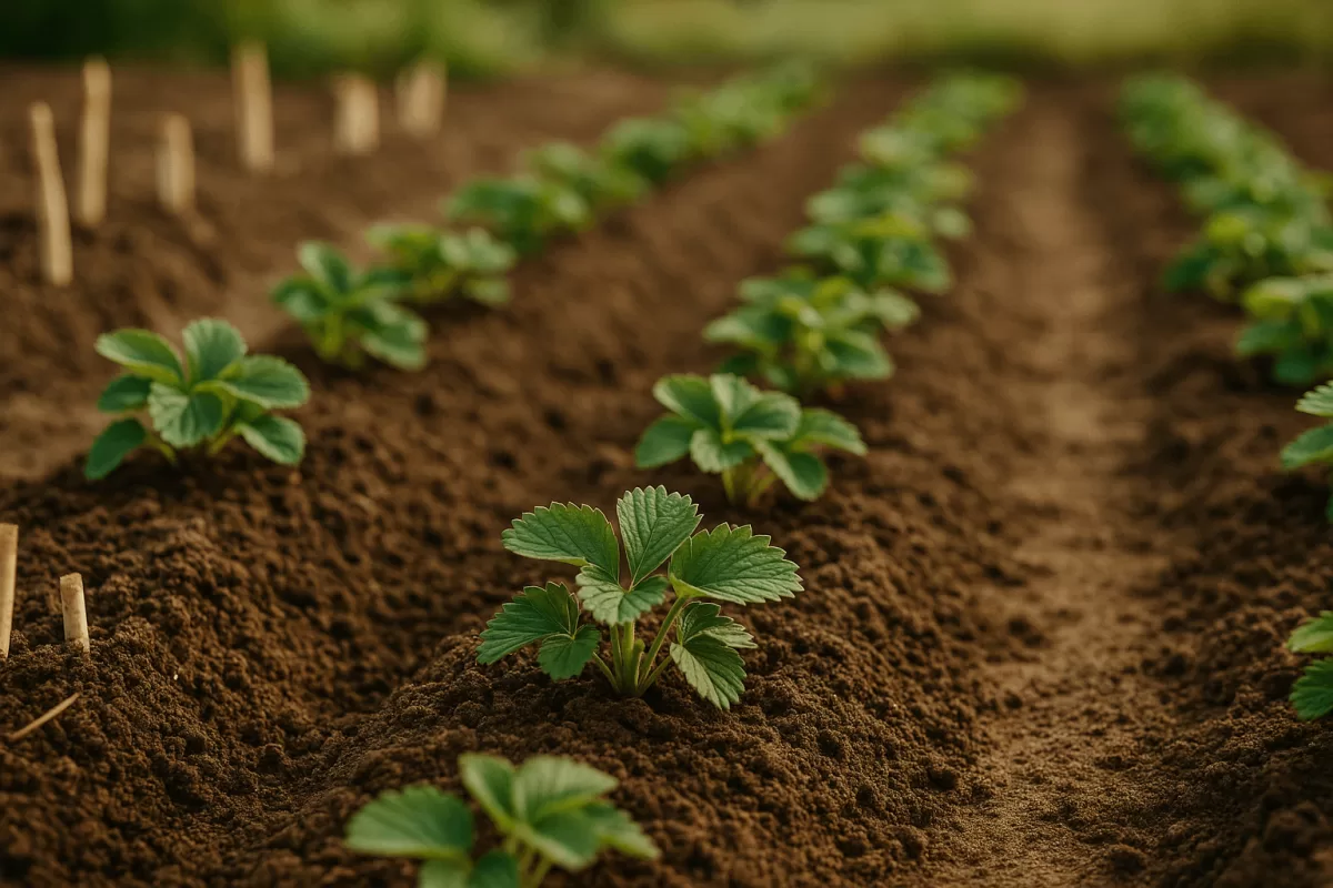 Erdbeerpflanzen Korona Sorte im Beet mit Pflanzabstand Reihen