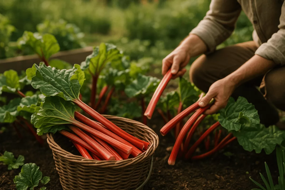 Ernte von Rhabarberstielen im Frühling mit roten Stängeln