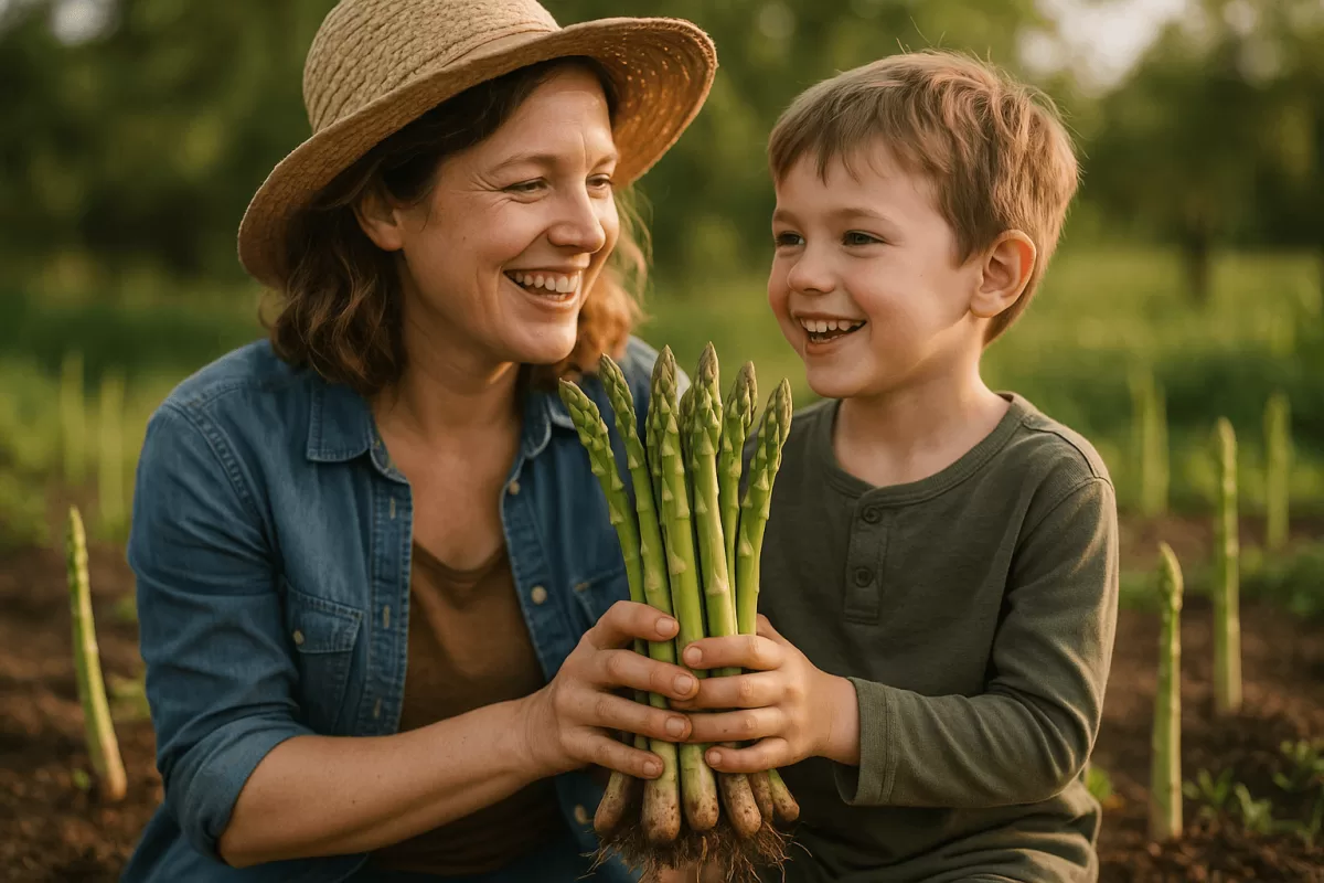 Frisch geernteter Spargel aus dem Bio-Garten, strahlende Familienernte im Frühjahr