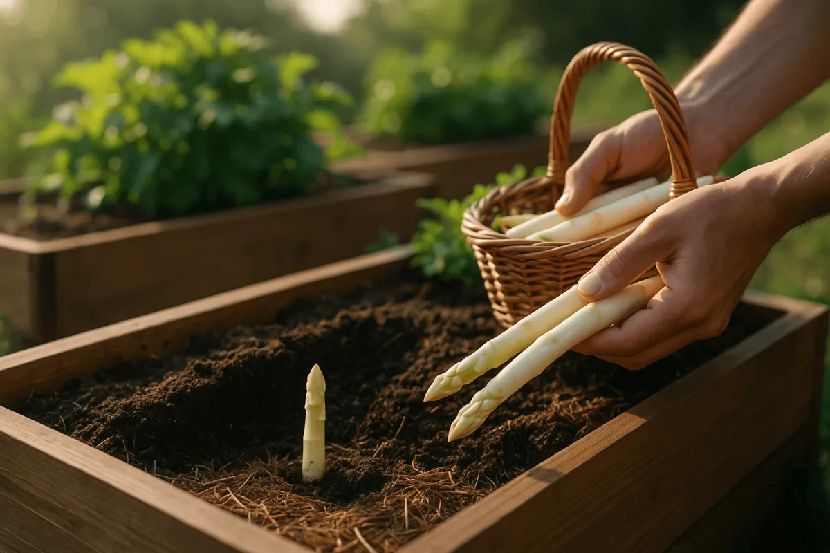 Frische Spargelstangen werden aus dem Hochbeet geerntet morgens