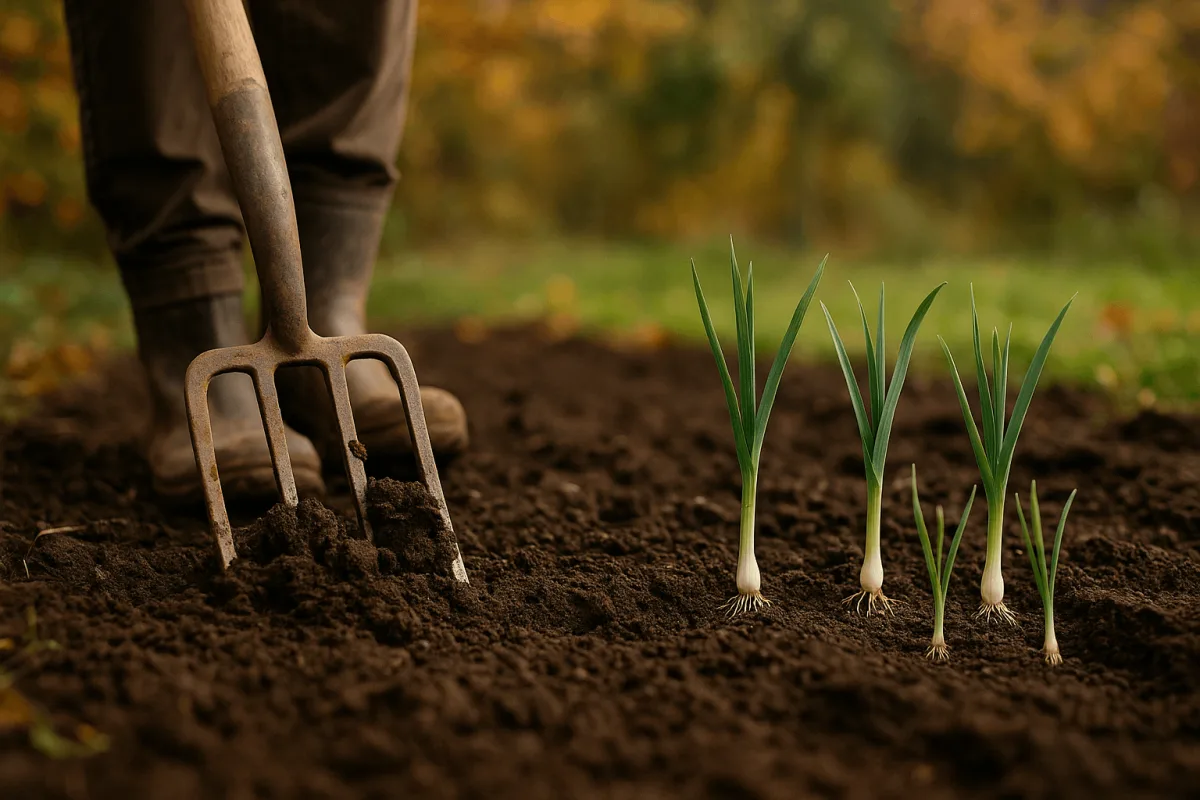 Gartenbeet wird für Herbstlauch vorbereitet, Erde wird gelockert