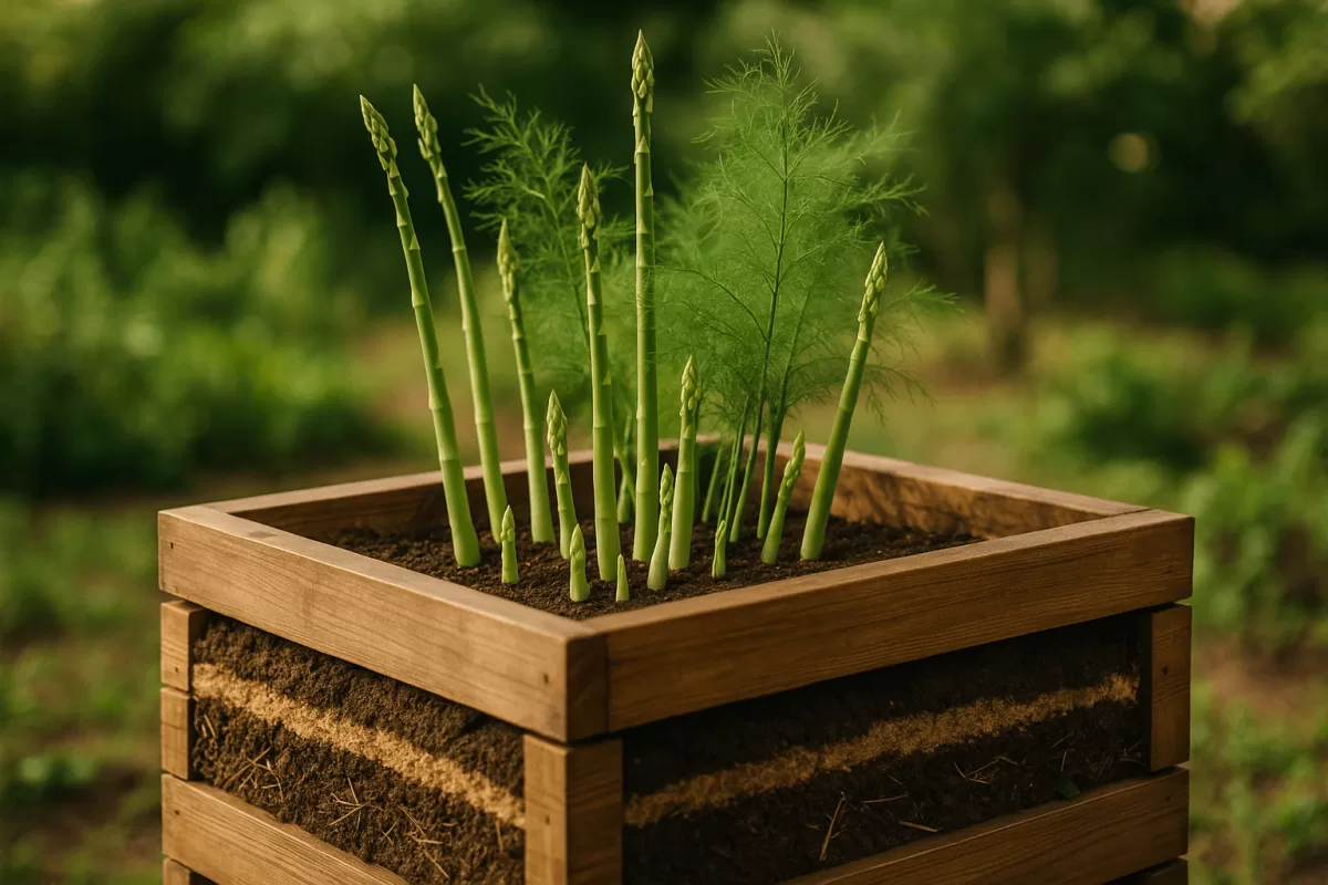 Grüner Spargel wächst üppig aus einem Holzhochbeet