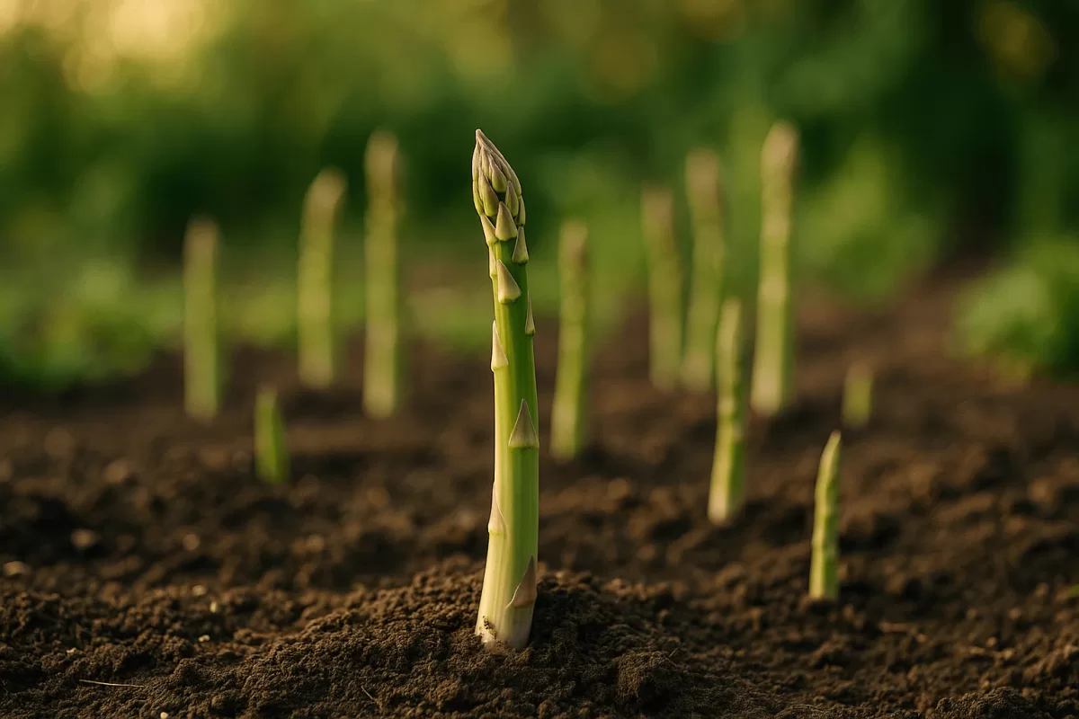 Junger grüner Spargel wächst im Frühlingsbeet