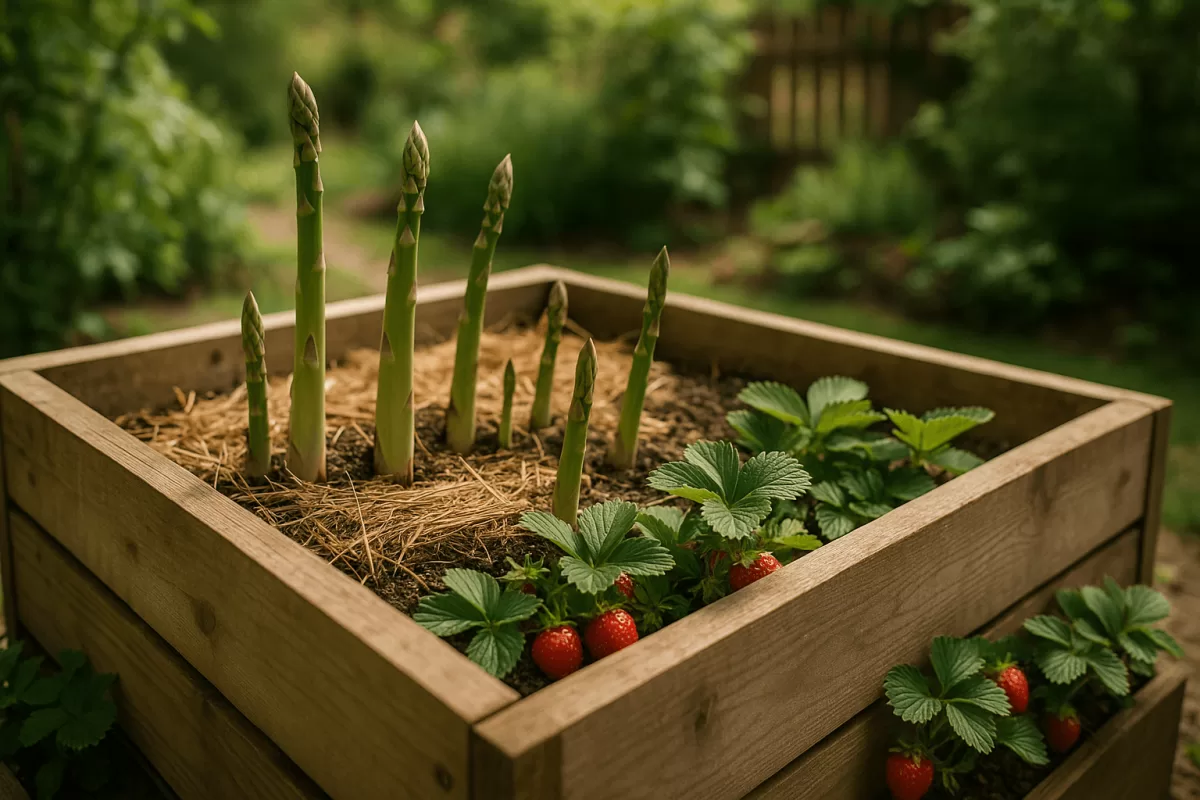 Kleiner Garten mit Spargel Hochbeet platzsparend und Erdbeeren als Begleitpflanzung