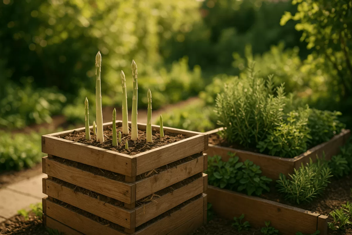 Kleiner Garten mit Spargelhochbeet neben Kräuterbeet sonnig