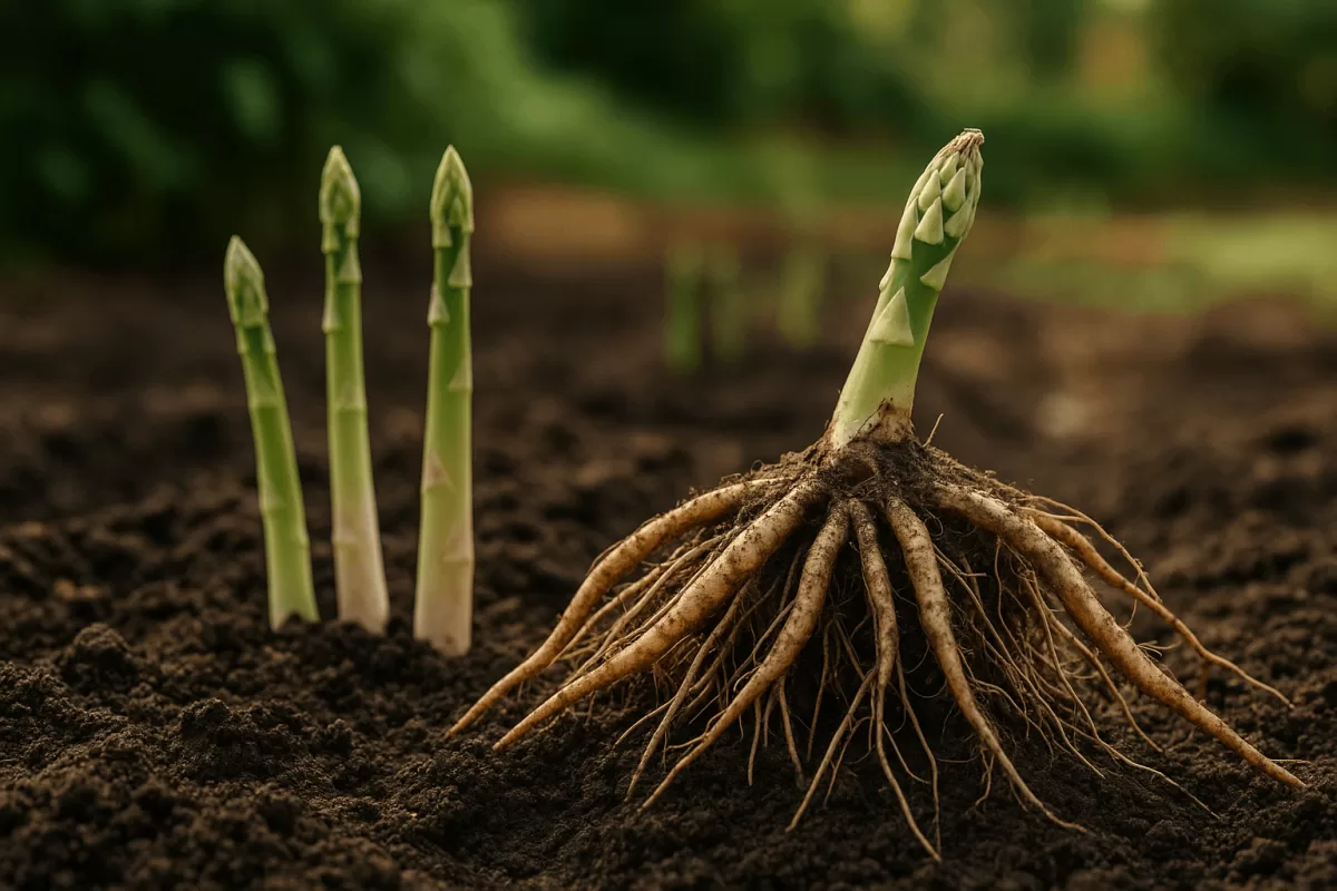 Mehrjähriger Spargel im Beet, kräftige Wurzeln im Frühjahr