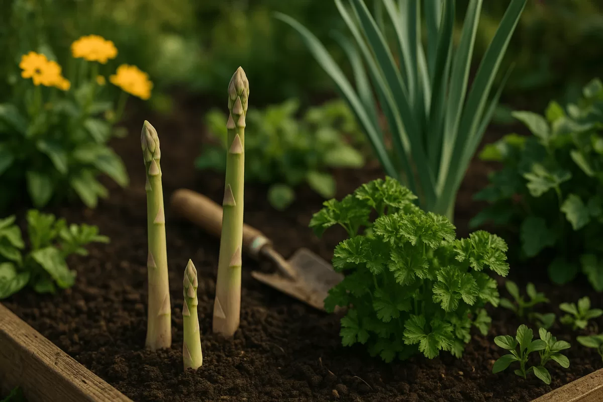 Mischbeet mit Spargel und Begleitpflanzen im Bio-Garten