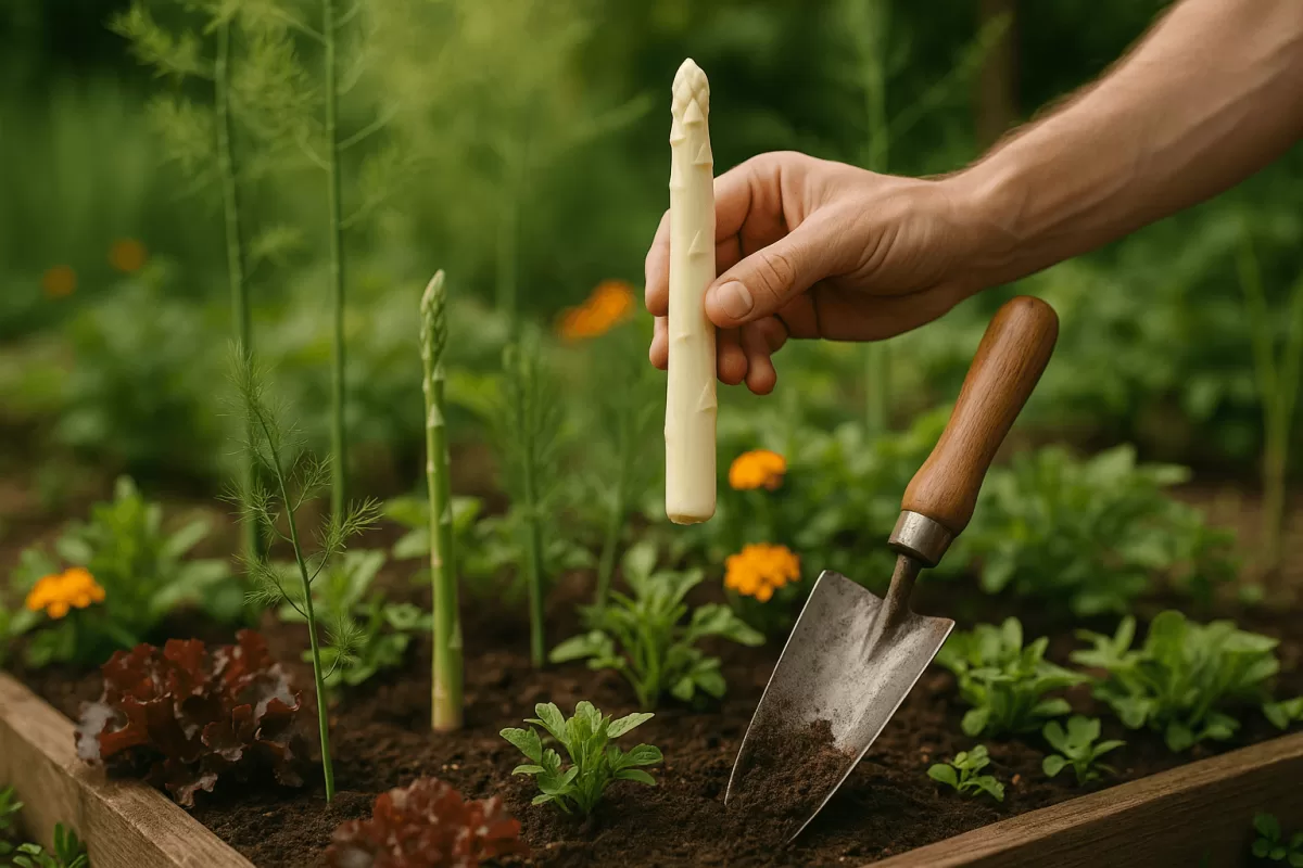 Mischbeet mit Spargel und Begleitpflanzen im Bio-Garten, wählt spargel seinen garten