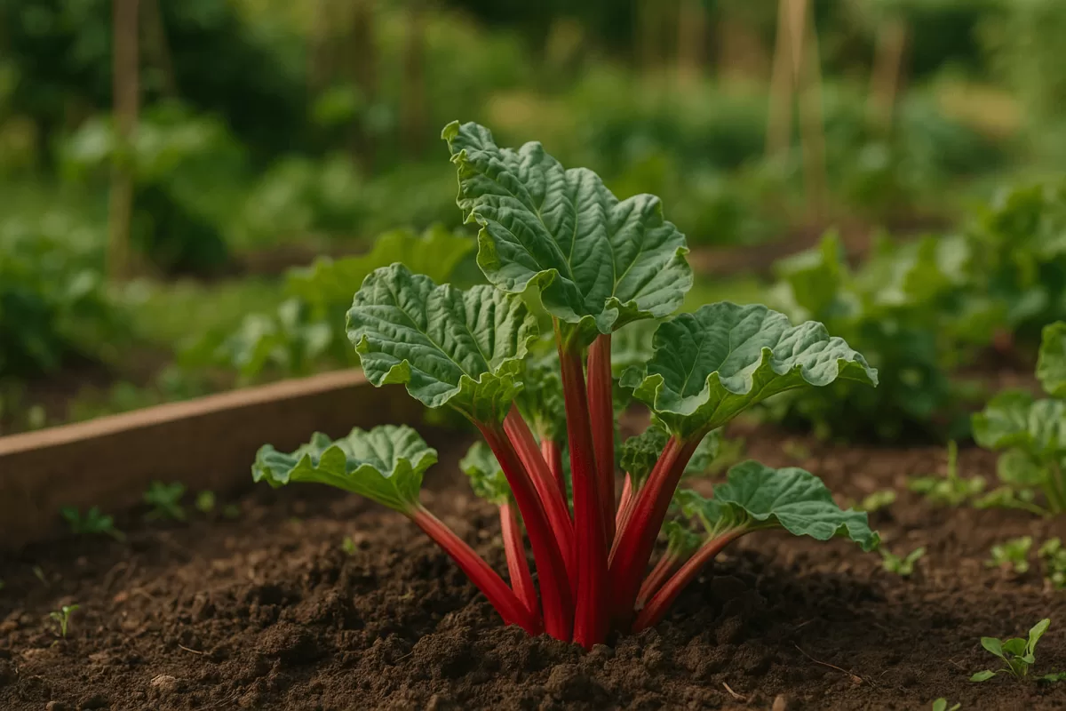 Rhabarberpflanze mit gesunden roten Stielen im Beet