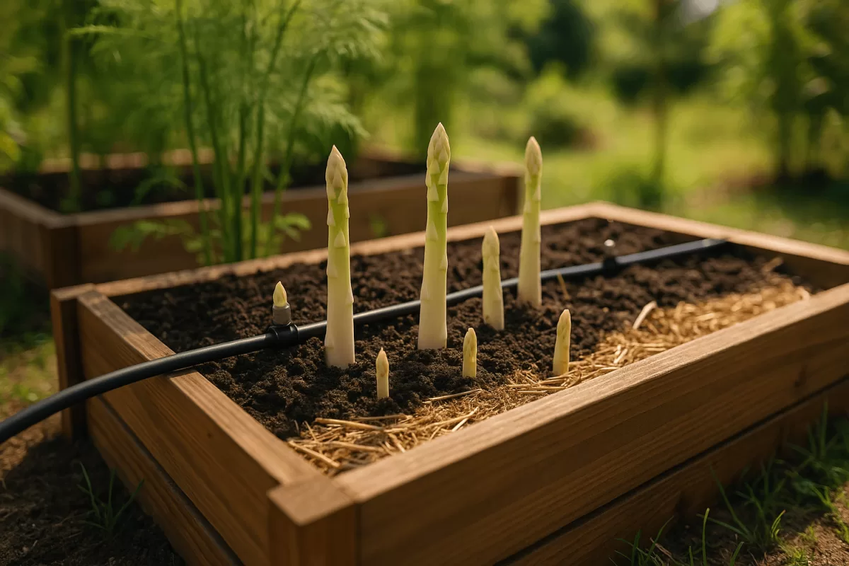 Spargel Hochbeet Bewässerung Tropfsystem im Sommer Garten