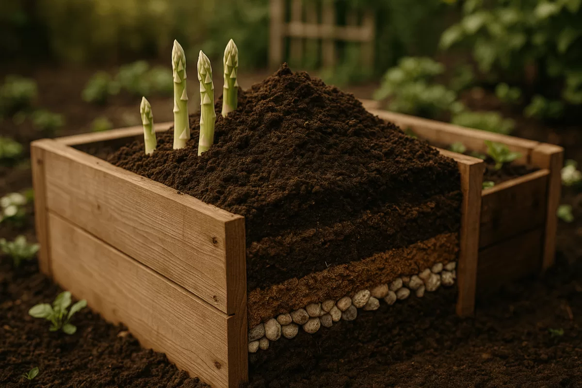 Spargel Hochbeet Schichten Aufbau mit Drainage und Erde