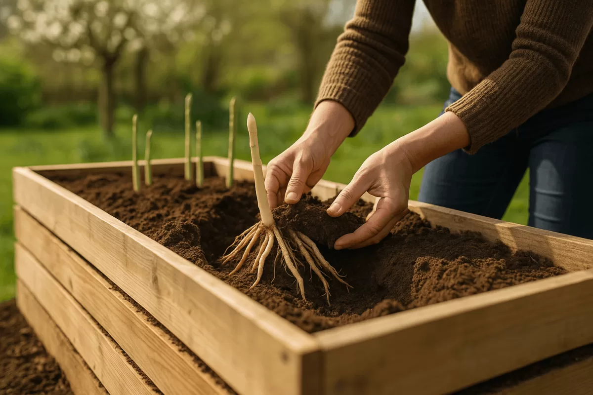Spargelpflanzen Rhizome werden ins Hochbeet eingesetzt Frühling