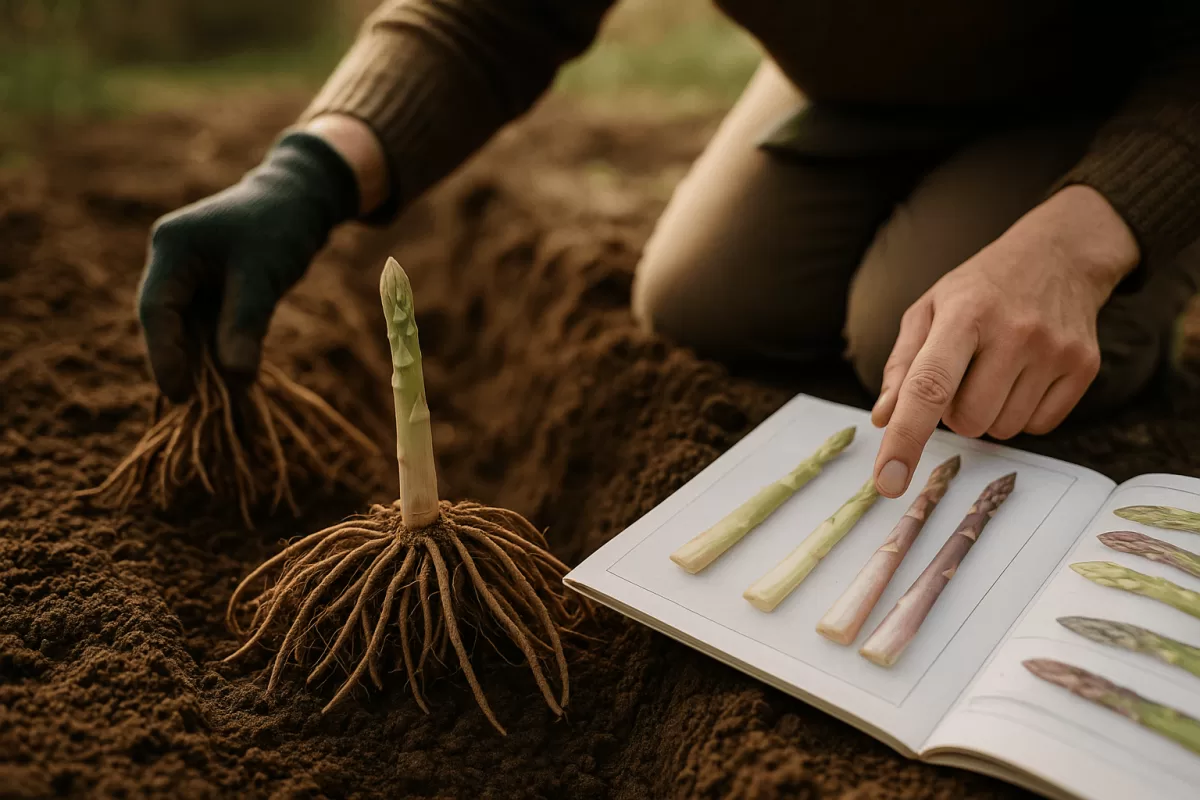 Spargelrhizome beim Einpflanzen im Frühling, Schritt-für-Schritt Anleitung Garten