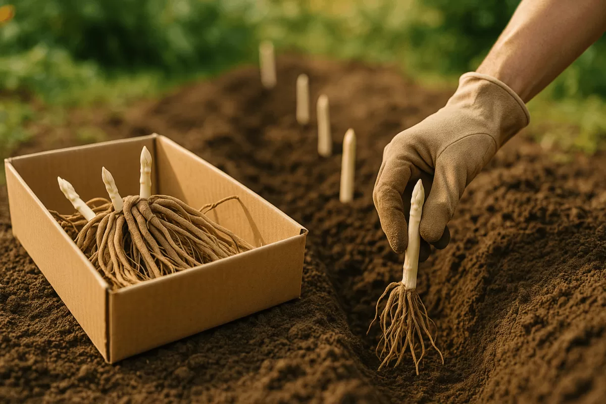 Spargelrhizome F1 Hybrid beim Einpflanzen im Frühlingsbeet, Anfänger Garten