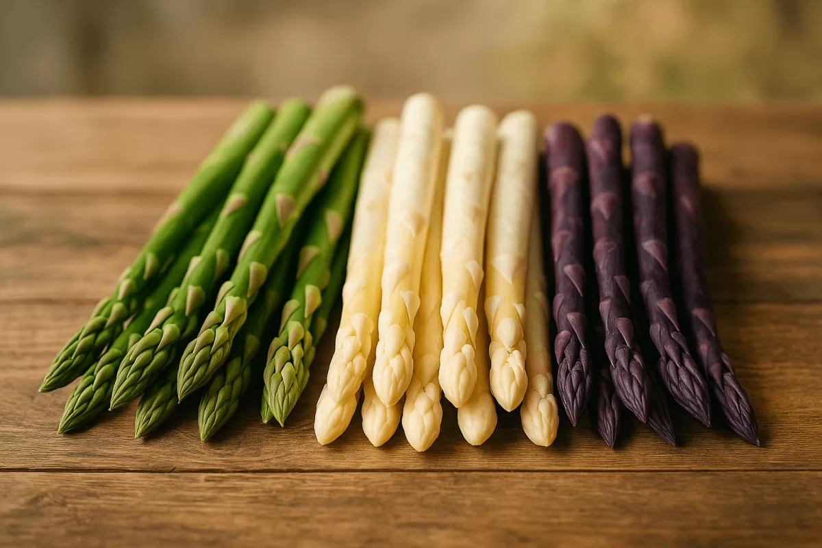Vergleich grüner weißer violetter Spargel nebeneinander auf Holztisch