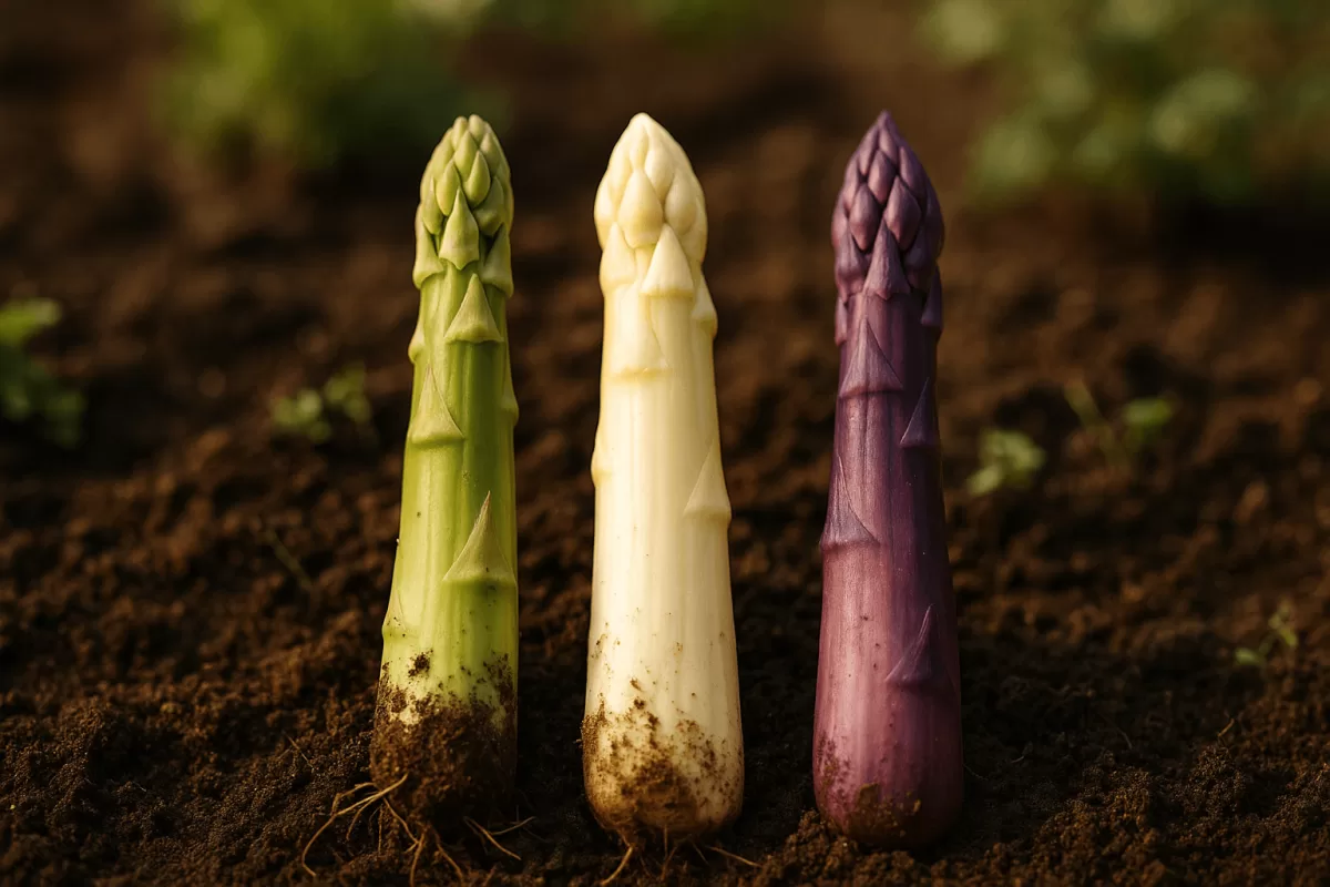 Wie wählt man spargel seinen garten, drei Spargelfarben nebeneinander im Vergleich